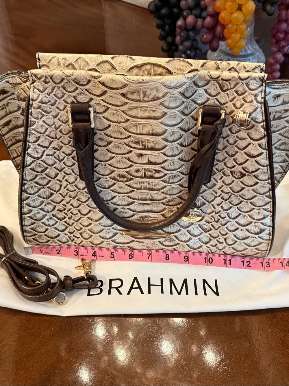 Brahmin Cream and Dark Brown Embossed Leather Satchel